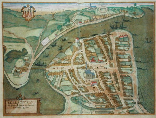 埃克伦福德地图，出自乔治-布劳恩（1541-1622年）和弗兰斯-霍根堡（1535-90年）的《Civitates Orbis Terrarum》，约1572年（彩色版画）。 作者 乔里斯（后）霍夫纳格尔