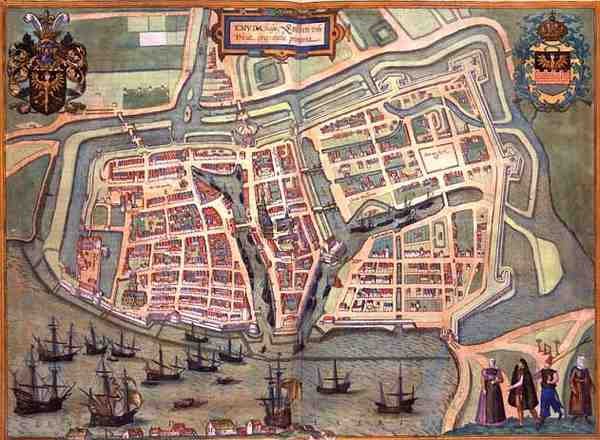 恩布登地图，出自乔治-布劳恩（1541-1622）和弗兰斯-霍根堡（1535-90）的《Civitates Orbis Terrarum》，约1572年（彩色雕刻）。 作者 乔里斯（后）霍夫纳格尔