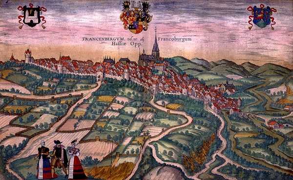 弗兰肯堡地图，出自乔治-布劳恩（1541-1622）和弗兰斯-霍根伯格（1535-90）约1572-1617年创作的《Civitates Orbis Terrarum》（彩色雕版画）。 作者 乔里斯（后）霍夫纳格尔