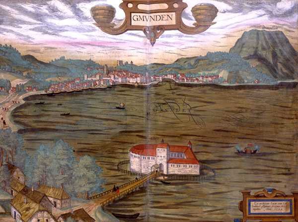 格蒙登地图，出自乔治-布劳恩（1541-1622）和弗兰斯-霍根伯格（1535-90）的《地球公民》1594年（彩色雕刻）。 作者 乔里斯（后）霍夫纳格尔