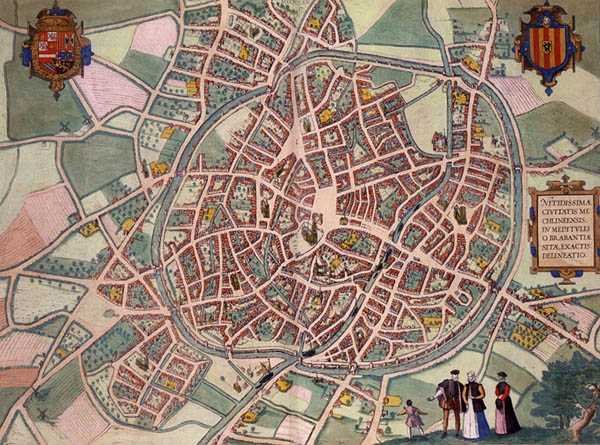 梅赫伦地图，出自乔治-布劳恩（1541-1622）和弗兰斯-霍根伯格（1535-90）约1572-1617年创作的《Civitates Orbis Terrarum》（彩色雕版画）。 作者 乔里斯（后）霍夫纳格尔