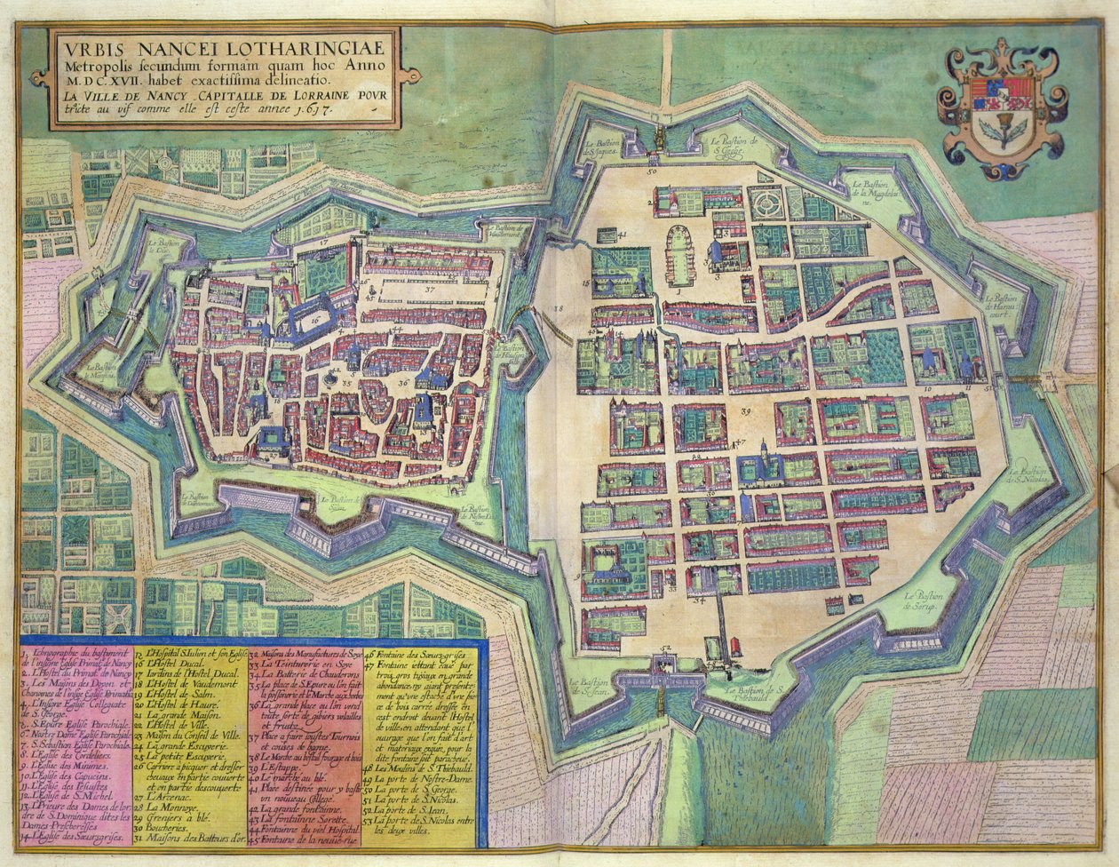 南锡地图，出自乔治-布劳恩（1541-1622）和弗兰斯-霍根伯格（1535-90）约1572-1617年创作的《Civitates Orbis Terrarum》（彩色雕版画）。 作者 乔里斯（后）霍夫纳格尔