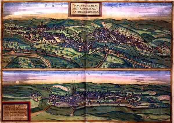 布拉格和蛋的地图，出自乔治-布劳恩（1541-1622）和弗兰斯-霍根伯格（1535-90）的《Civitates Orbis Terrarum》，约1572年（彩色雕版画）。 作者 乔里斯（后）霍夫纳格尔