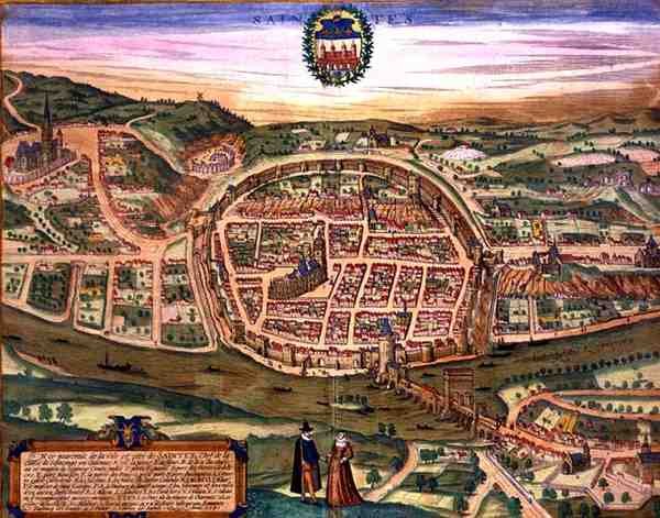 Saintes地图，来自Georg Braun（1541-1622）和Frans Hogenberg（1535-90）的《Civitates Orbis Terrarum》。 作者 乔里斯（后）霍夫纳格尔