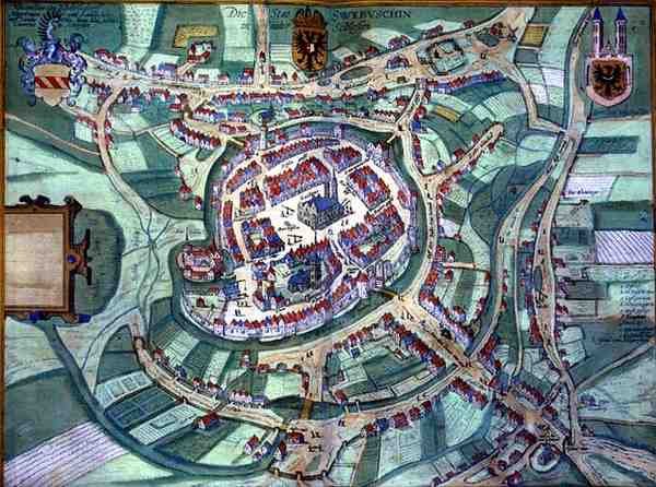 施莱登地图，摘自乔治-布劳恩（1541-1622）和弗兰斯-霍根伯格（1535-90）的《Civitates Orbis Terrarum》，约1572年（彩色版画）。 作者 乔里斯（后）霍夫纳格尔