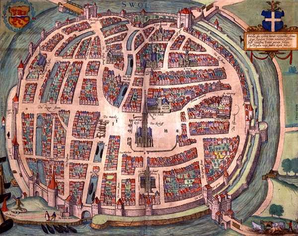 Solvaer地图，出自Georg Braun（1541-1622）和Frans Hogenberg（1535-90）的《Civitates Orbis Terrarum》，约1572-1617（彩色雕版画）。 作者 乔里斯（后）霍夫纳格尔