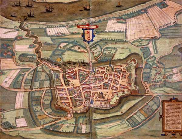 斯塔德地图，出自乔治-布劳恩（1541-1622）和弗兰斯-霍根伯格（1535-90）约1572-1617年的《地球公民》（彩色雕刻）。 作者 乔里斯（后）霍夫纳格尔