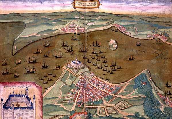 桑德地图，出自乔治-布劳恩（1541-1622）和弗兰斯-霍根伯格（1535-90）的《Civitates Orbis Terrarum》，约1572-1617（彩色雕刻）。 作者 乔里斯（后）霍夫纳格尔