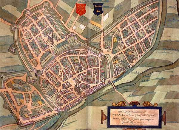 威塞尔地图，出自乔治-布劳恩（1541-1622年）和弗兰斯-霍根伯格（1535-90年）的《Civitates Orbis Terrarum》，约1572-1617年（彩色版画）。 作者 乔里斯（后）霍夫纳格尔