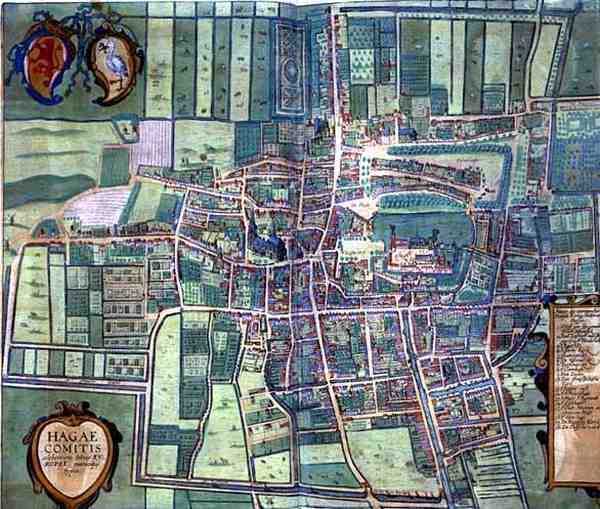 海牙地图，摘自乔治-布劳恩（1541-1622）和弗兰斯-霍根堡（1535-90）的《Civitates Orbis Terrarum》，约1572年（彩色版画）。 作者 乔里斯（后）霍夫纳格尔