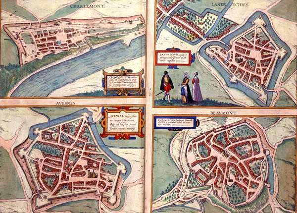 Charlemont、Landrechies、Avesnes和Beaumont地图，出自Georg Braun（1541-1622）和Frans Hogenberg（1535-90）的《Civitates Orbis Terrarum》，约1572-1617（彩色雕刻）。 作者 乔里斯（后）霍夫纳格尔