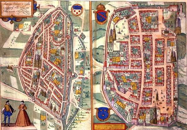 沙特尔和杜努瓦的地图，出自乔治-布劳恩（1541-1622）和弗兰斯-霍根伯格（1535-90）约1572-1617年所作的《地球上的文明》（彩色雕刻）。 作者 乔里斯（后）霍夫纳格尔