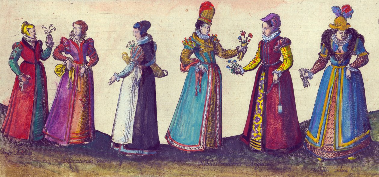伊丽莎白时代的英国女性，1598年（手工彩色铜版画） 作者 乔里斯·霍夫纳格尔