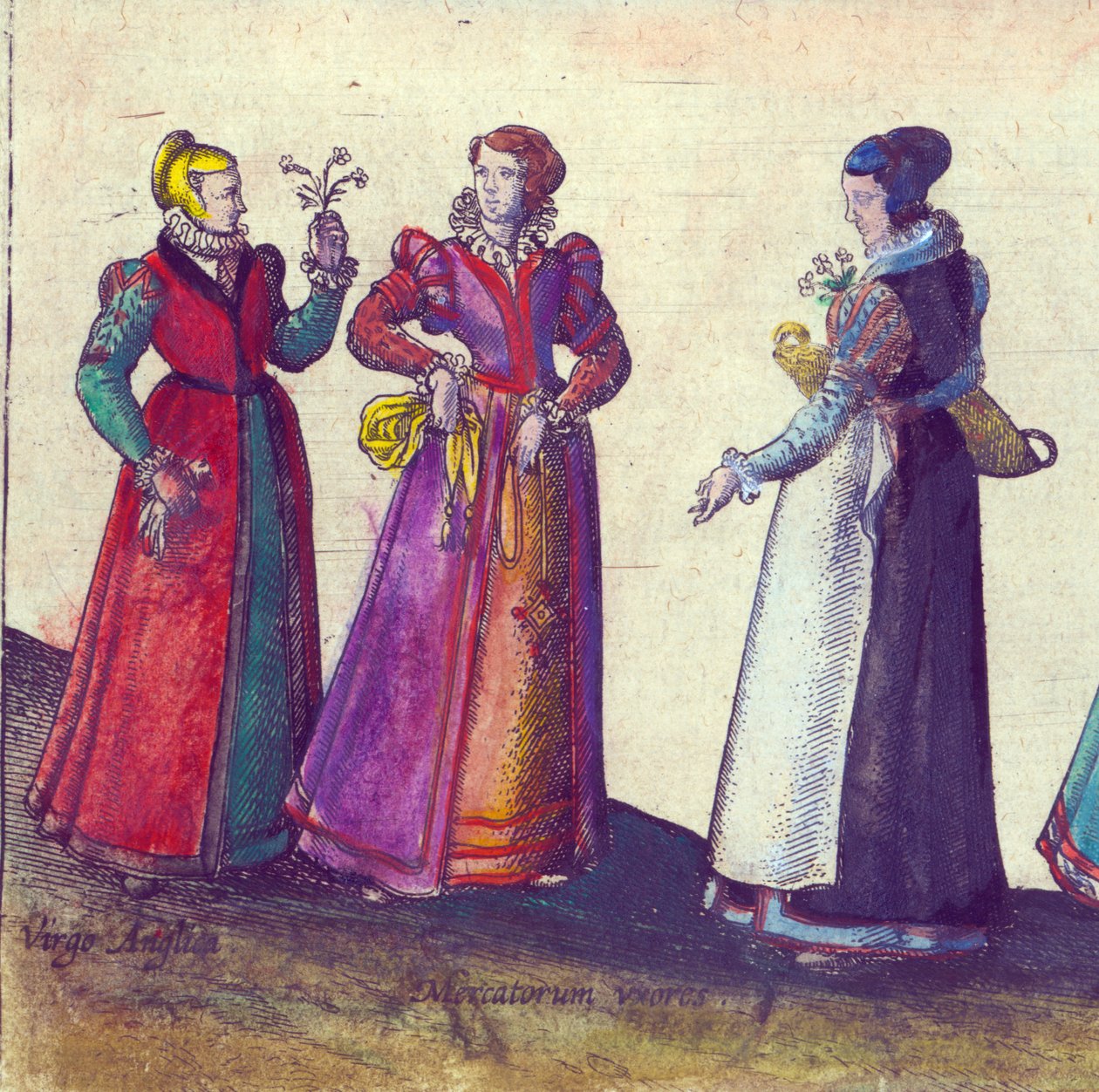 伊丽莎白时代的英国女性，1598年（手工彩色铜版画） 作者 乔里斯·霍夫纳格尔