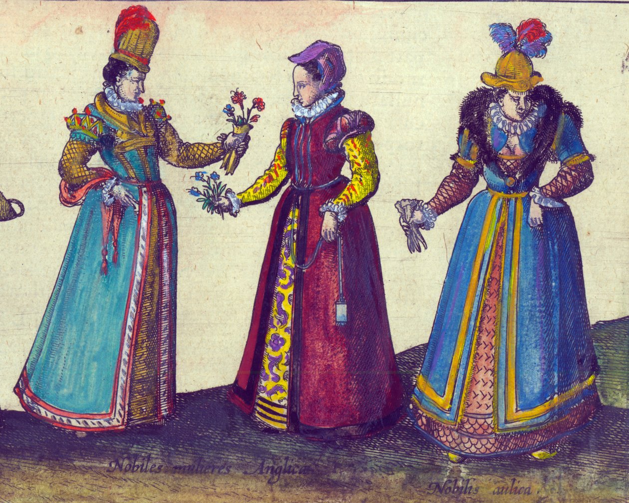 伊丽莎白时代的英国女性，1598年手工彩色铜雕刻细节324184 作者 乔里斯·霍夫纳格尔