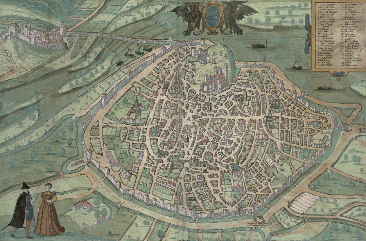 阿维尼翁地图，来自&39;Civitates Orbis Terrarum&39;的Georg Braun（1541-1622）和Frans Hogenberg，1572（彩色雕刻） 作者 乔里斯·霍夫纳格尔
