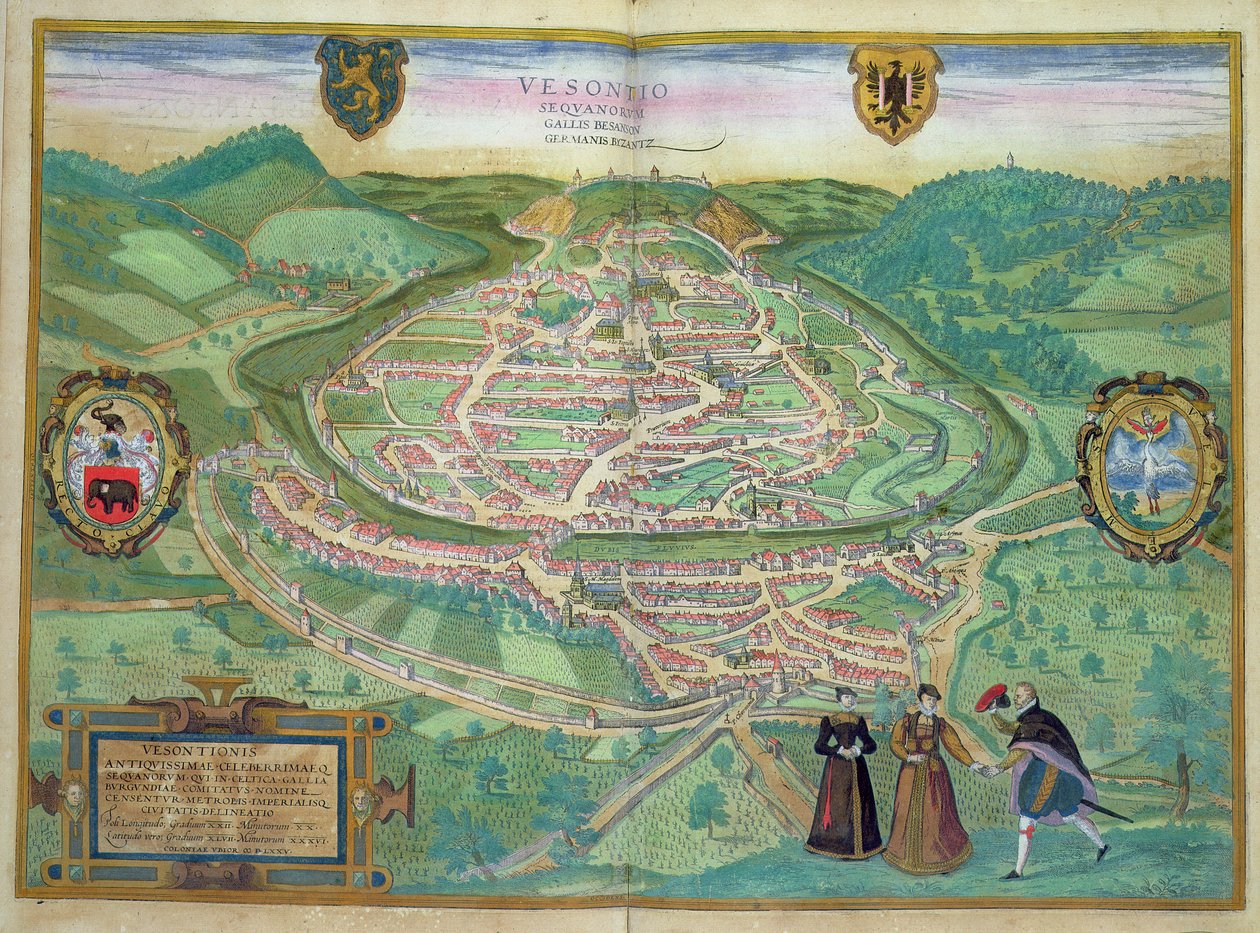 贝桑松地图，来自&39;Civitates Orbis Terrarum&39;的Georg Braun（1541-1622）和Frans Hogenberg（1535-90），1575（彩色雕刻） 作者 乔里斯·霍夫纳格尔