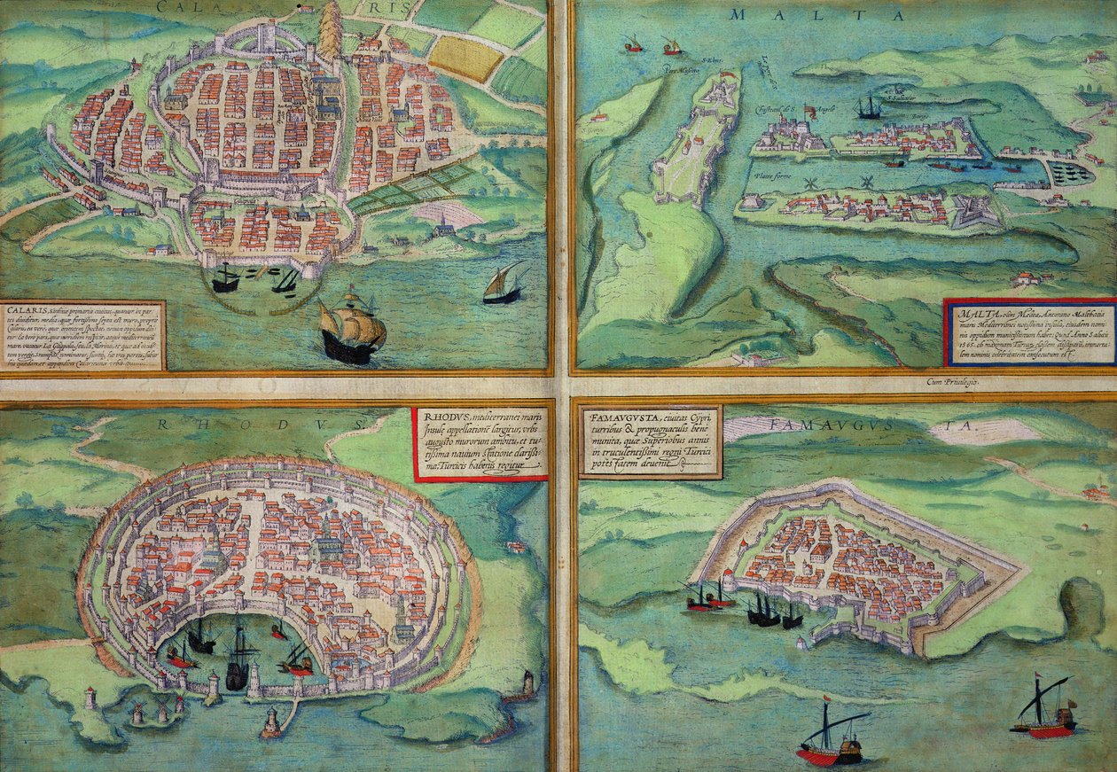 地图加莱，马耳他，罗得岛和法马古斯塔，从“世界”布劳恩（1541年至1622年）和弗兰茨Hogenbergh（1535年至1590年），c.1572 作者 乔里斯·霍夫纳格尔