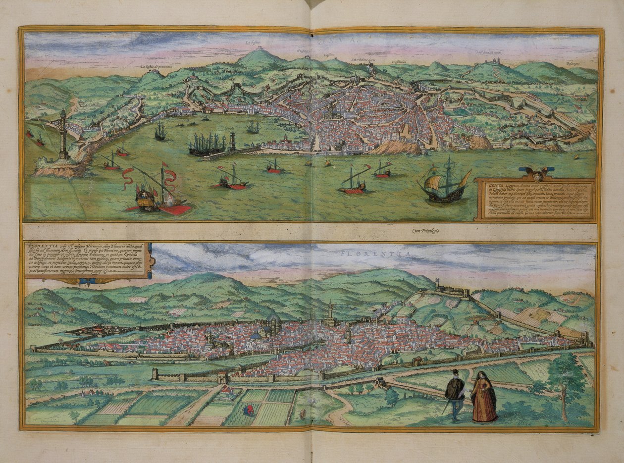 热那亚和佛罗伦萨的地图，来自&39;Civitates Orbis Terrarum&39;的Georg Braun（1541-1622）和Frans Hogenberg（1535-90），c.1572 作者 乔里斯·霍夫纳格尔