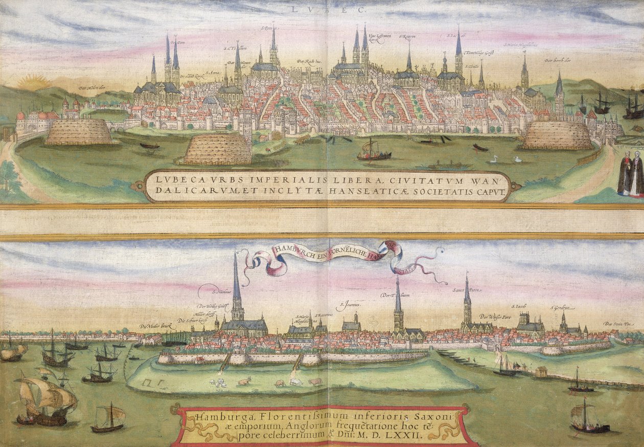 吕贝克和汉堡地图，来自&39;Civitates Orbis Terrarum&39;的Georg Braun（1541-1622）和Frans Hogenberg（1535-90），c.1572（彩色雕刻） 作者 乔里斯·霍夫纳格尔