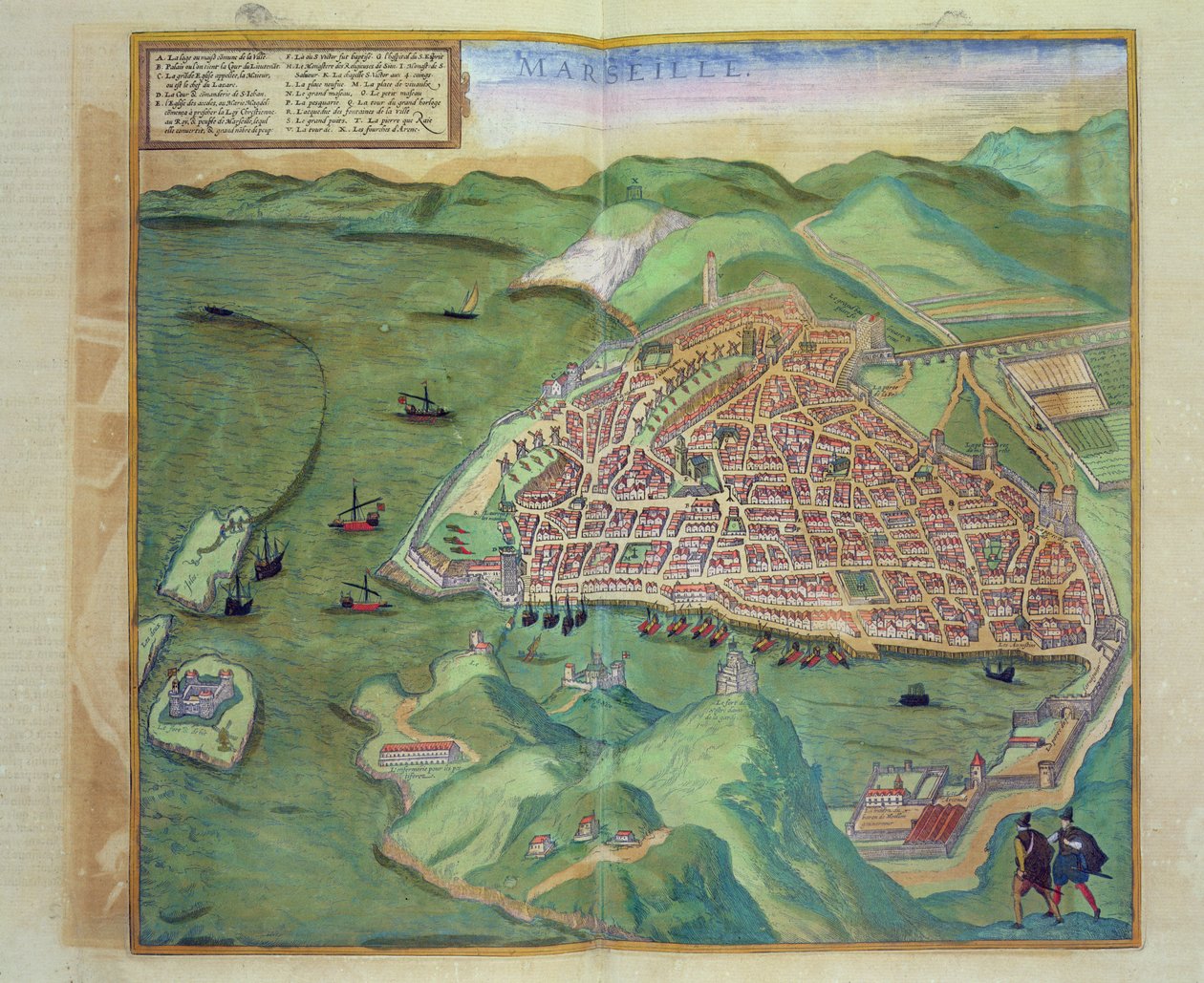 马赛地图，来自&39;Civitates Orbis Terrarum&39;的Georg Braun（1541-1622）和Frans Hogenberg（1535-90），c.1572（彩色雕刻） 作者 乔里斯·霍夫纳格尔