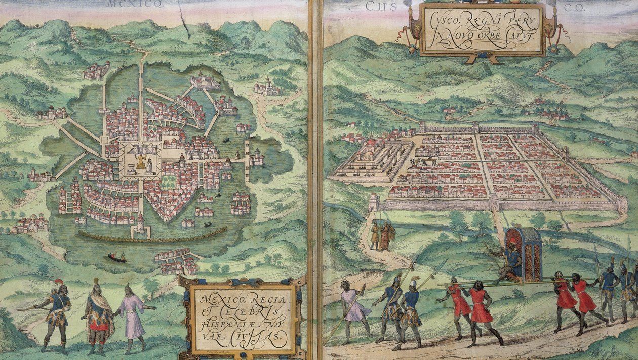 墨西哥和库斯科地图，来自&39;Civitates Orbis Terrarum&39;的Georg Braun（1541-1622）和Frans Hogenberg（1535-90），c.1572 作者 乔里斯·霍夫纳格尔