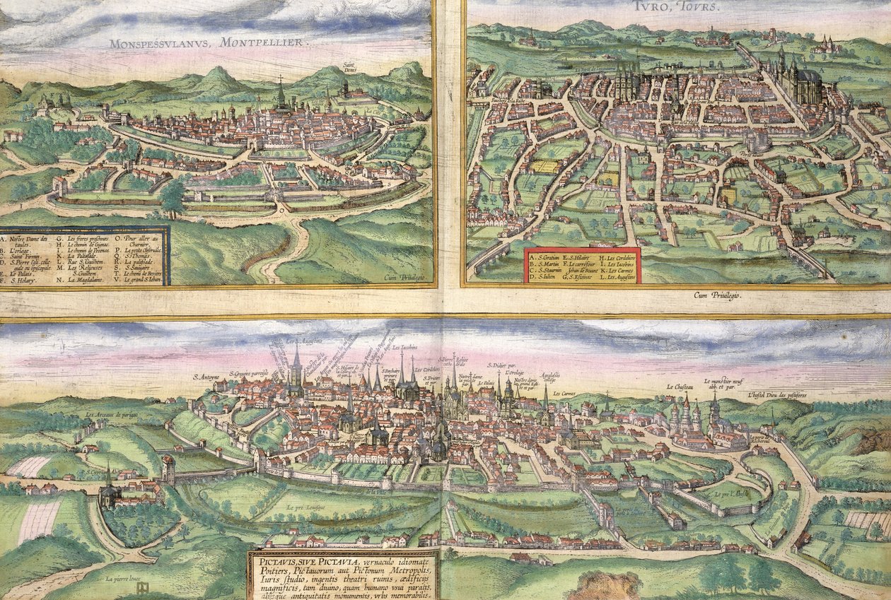 蒙彼利埃，图尔和普瓦捷的地图，来自Georg Braun（1541-1622）和Frans Hogenberg（1535-90）的&39;Civitates Orbis Terrarum&39;，c.1572 作者 乔里斯·霍夫纳格尔