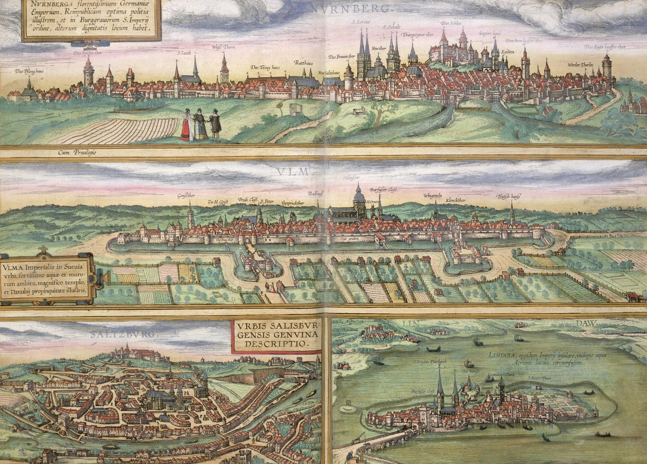 纽伦堡，乌尔姆和萨尔茨堡的地图，来自&39;Civitates Orbis Terrarum&39;的Georg Braun（1541-1622）和Frans Hogenberg（1535-90），c.1572（彩色雕刻） 作者 乔里斯·霍夫纳格尔
