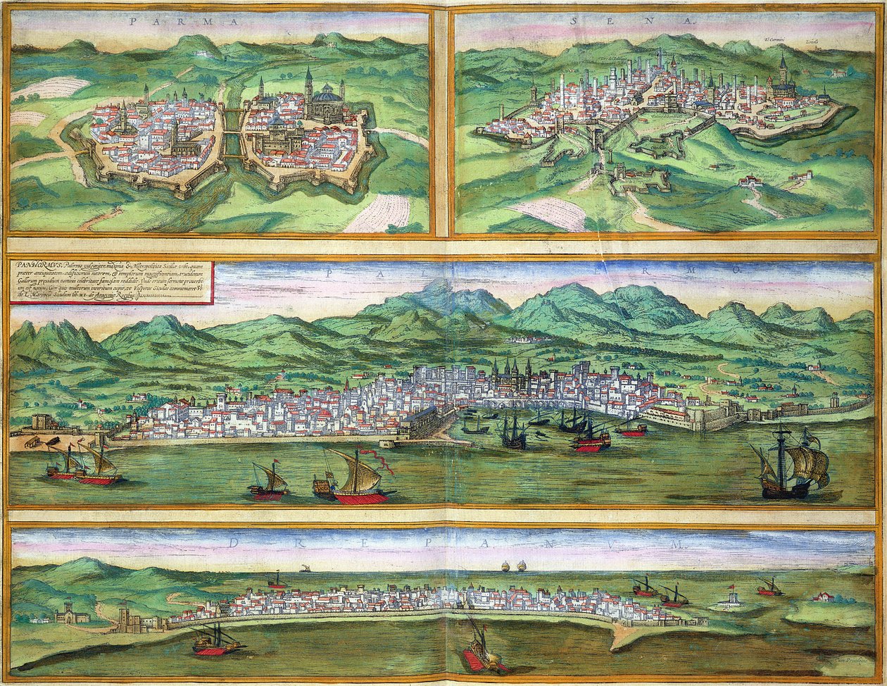地图帕尔马，锡耶纳，巴勒莫和Drepannm的，从“世界”布劳恩（1541年至1622年）和弗兰茨Hogenbergh（1535年至1590年），c.1572 作者 乔里斯·霍夫纳格尔