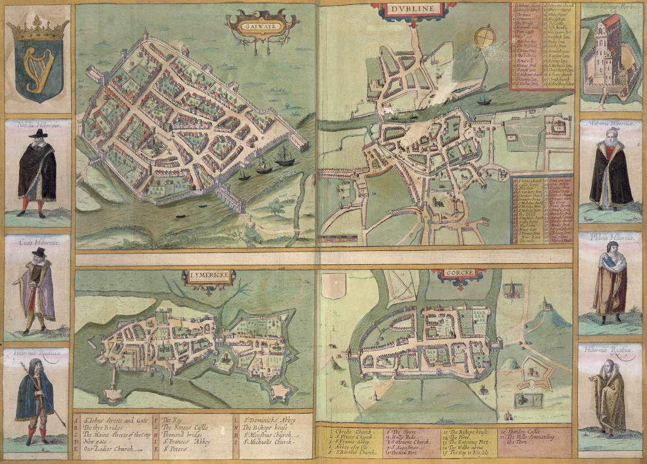 戈尔韦，都柏林，利默里克和科克的地图，来自乔治布劳恩（1541-1622）和弗朗斯霍根贝格（1535-90）的&39;Civitates Orbis Terrarum&39;，c.1573 作者 乔里斯·霍夫纳格尔