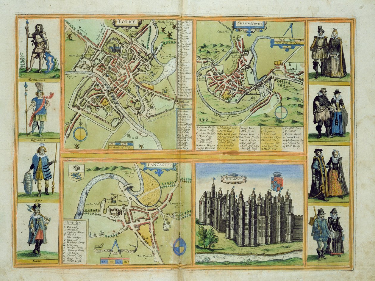 约克，什鲁斯伯里，兰开斯特和里士满的地图，来自Georg Braun（1541-1622）和Frans Hogenberg（1535-90）的“Civitates Orbis Terrarum”c.1572-1617 作者 乔里斯·霍夫纳格尔