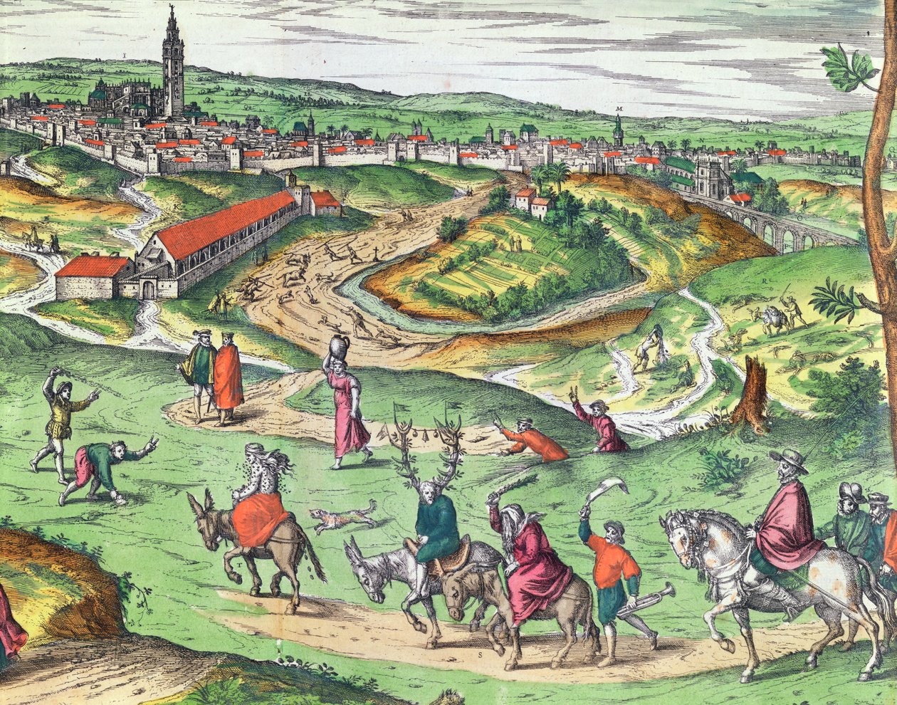塞维利亚城市规划，来自Civitates Orbis Terrarum by Georg Braun 1541-1622和Frans Hogenberg 1535-90,1593彩色雕刻细节121051 作者 乔里斯·霍夫纳格尔