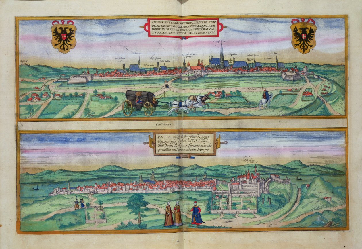 维也纳和布达的城市规划，来自Georg Braun（1541-1622）和Frans Hogenberg（1535-90）的&39;Civitates Orbis Terrarum&39;，c.1572 作者 乔里斯·霍夫纳格尔