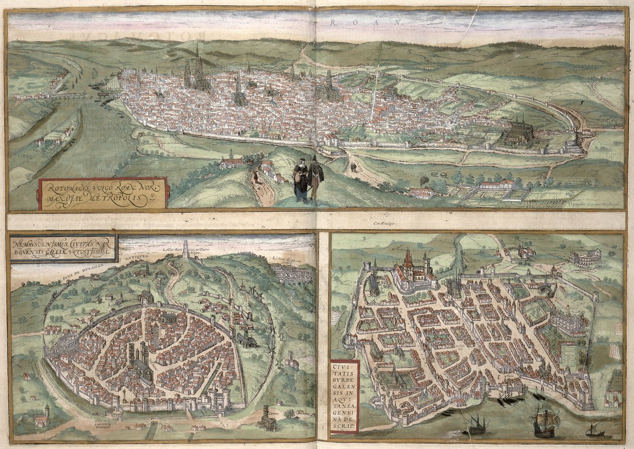 鲁昂，尼姆和波尔多的城市规划，来自Georg Braun（1541-1622）和Frans Hogenberg（1535-90）的&39;Civitates Orbis Terrarum&39;，c.1572 作者 乔里斯·霍夫纳格尔