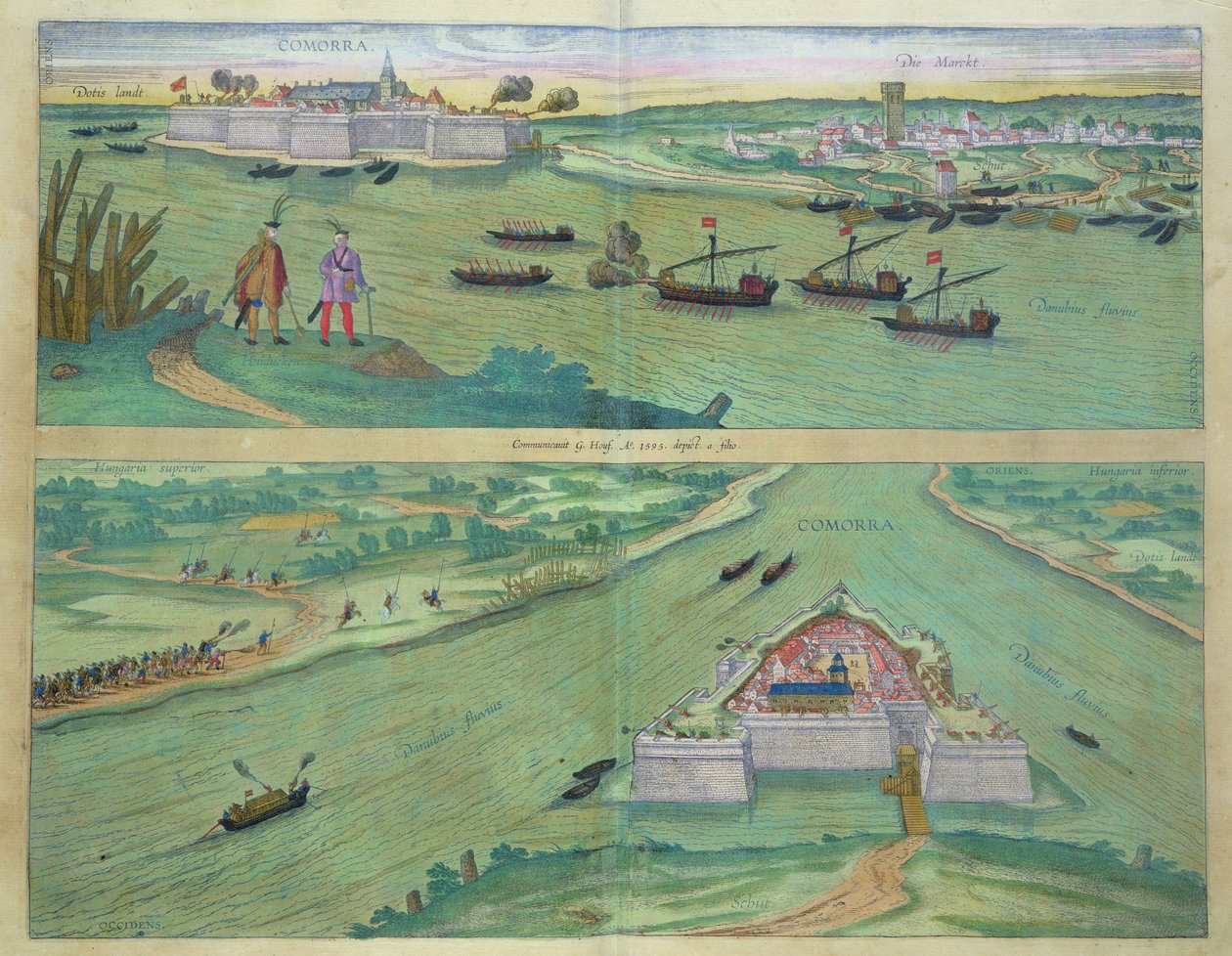科莫拉的两个观点，来自Georg Braun（1541-1622）和Frans Hogenburg（1535-90）的&39;Civitates Orbis Terrarum&39;，c.1572 作者 乔里斯·霍夫纳格尔