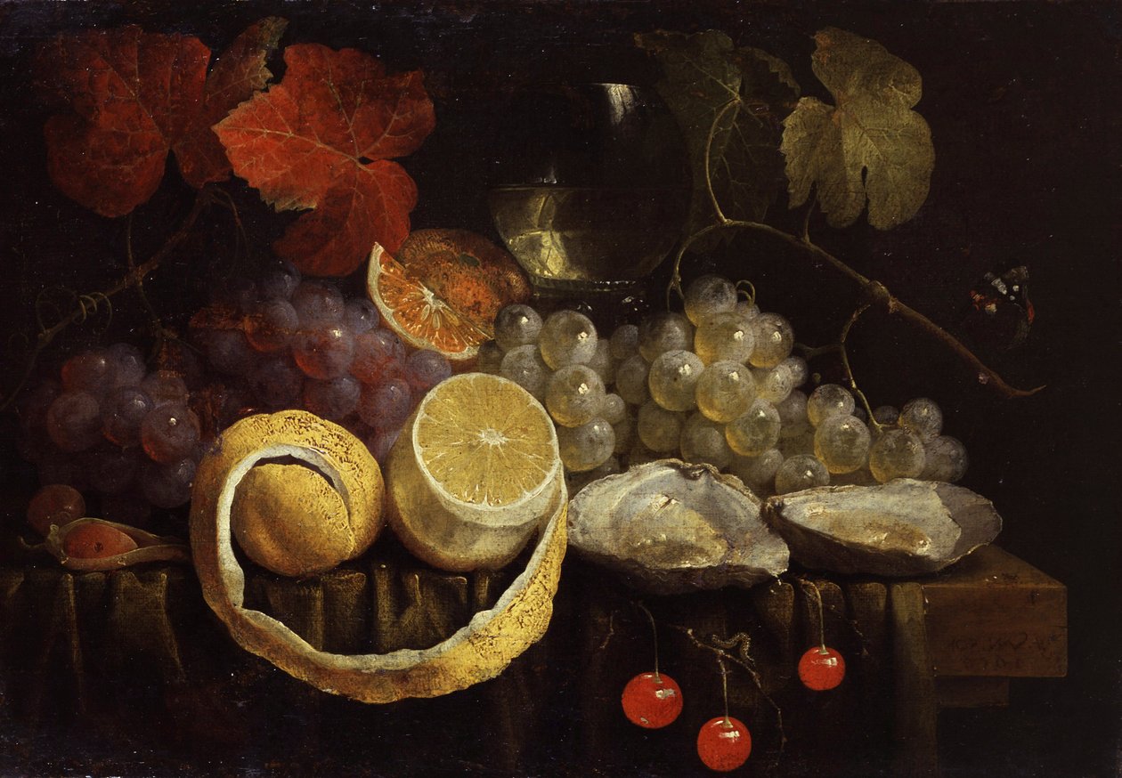 水果和牡蛎静物。乔里斯-范松（1623-1667 年）的画作，私人收藏。 作者 乔里斯·范森