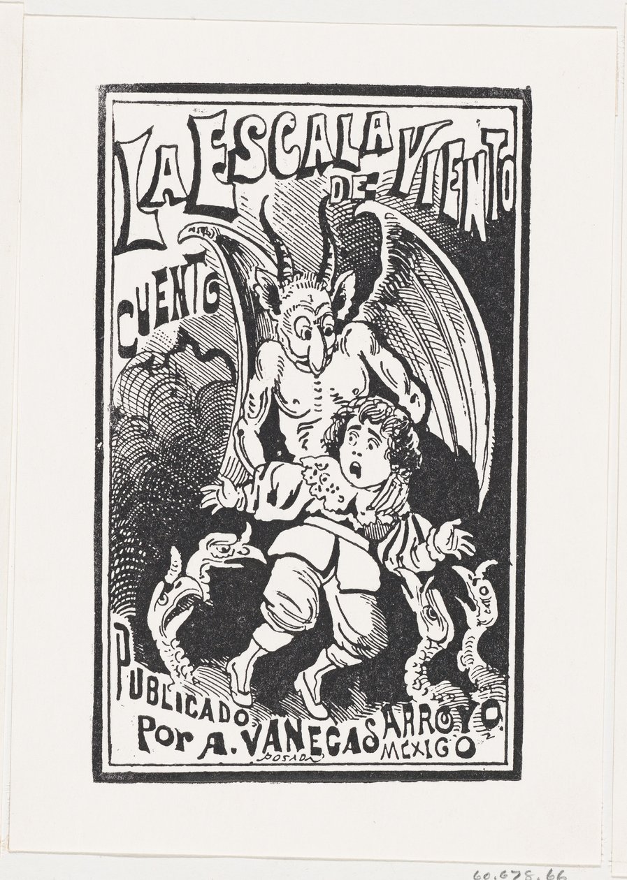 一个恶魔抱着一个小男孩的肩膀在一群秃鹰上，插图...，约1880-1910年。 作者 何塞·瓜达卢佩·波萨达