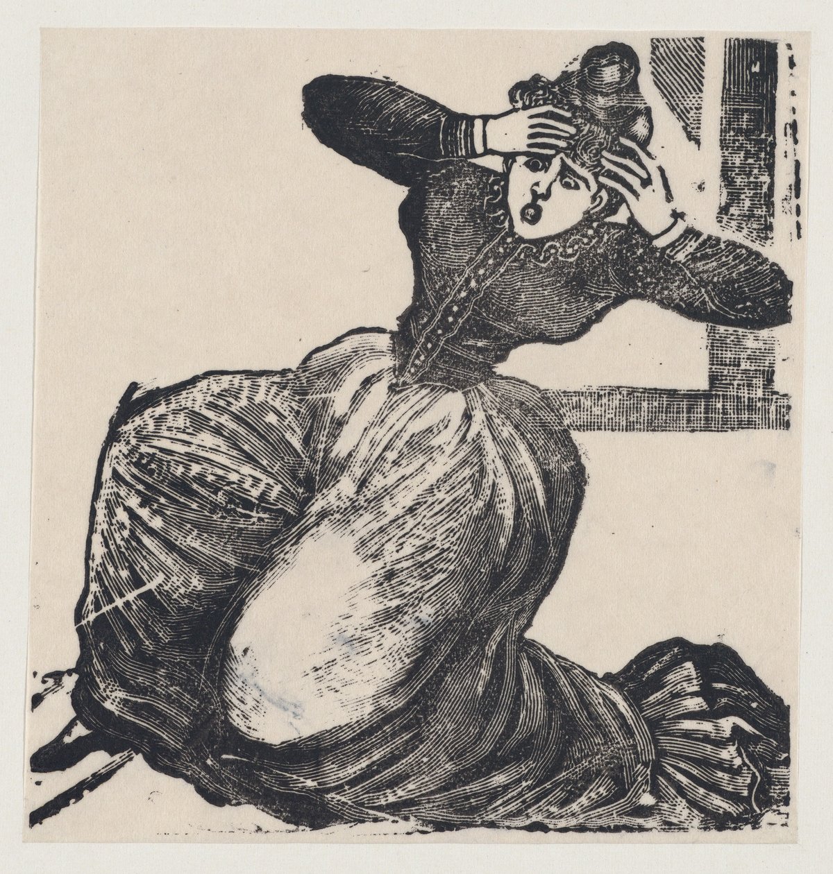 一个喘气的女人躺在地上，双手举到头顶，来自题为......的大字报，1893年。 作者 何塞·瓜达卢佩·波萨达