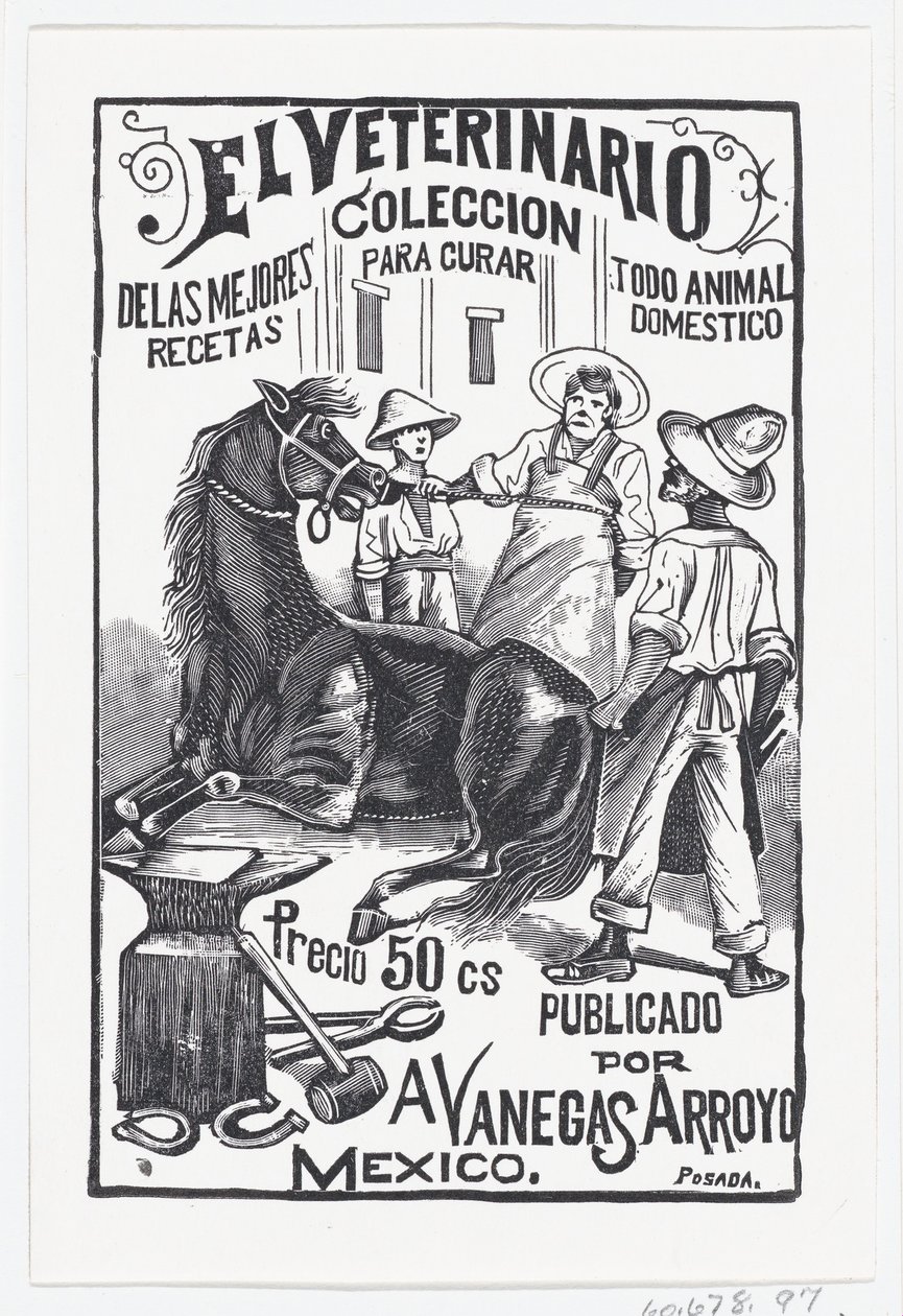 一群人围着一匹马，《El Veterinario The Vete...》的插图，约1880-1910年。 作者 何塞·瓜达卢佩·波萨达