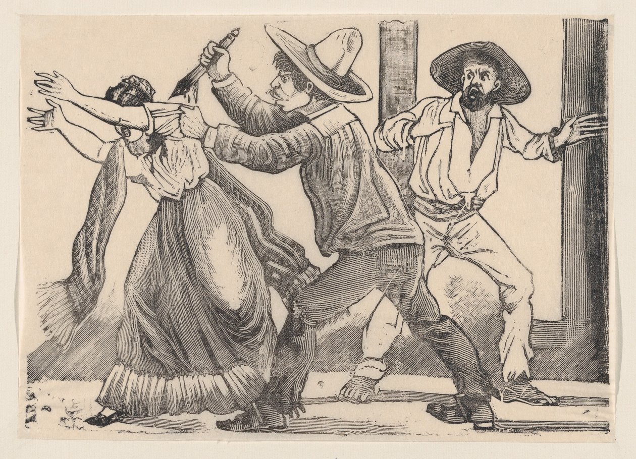 一个男人抓住一个女人的袖子并刺伤了她，来自一张题为 "谋杀 "的大字报，1891年。 作者 何塞·瓜达卢佩·波萨达