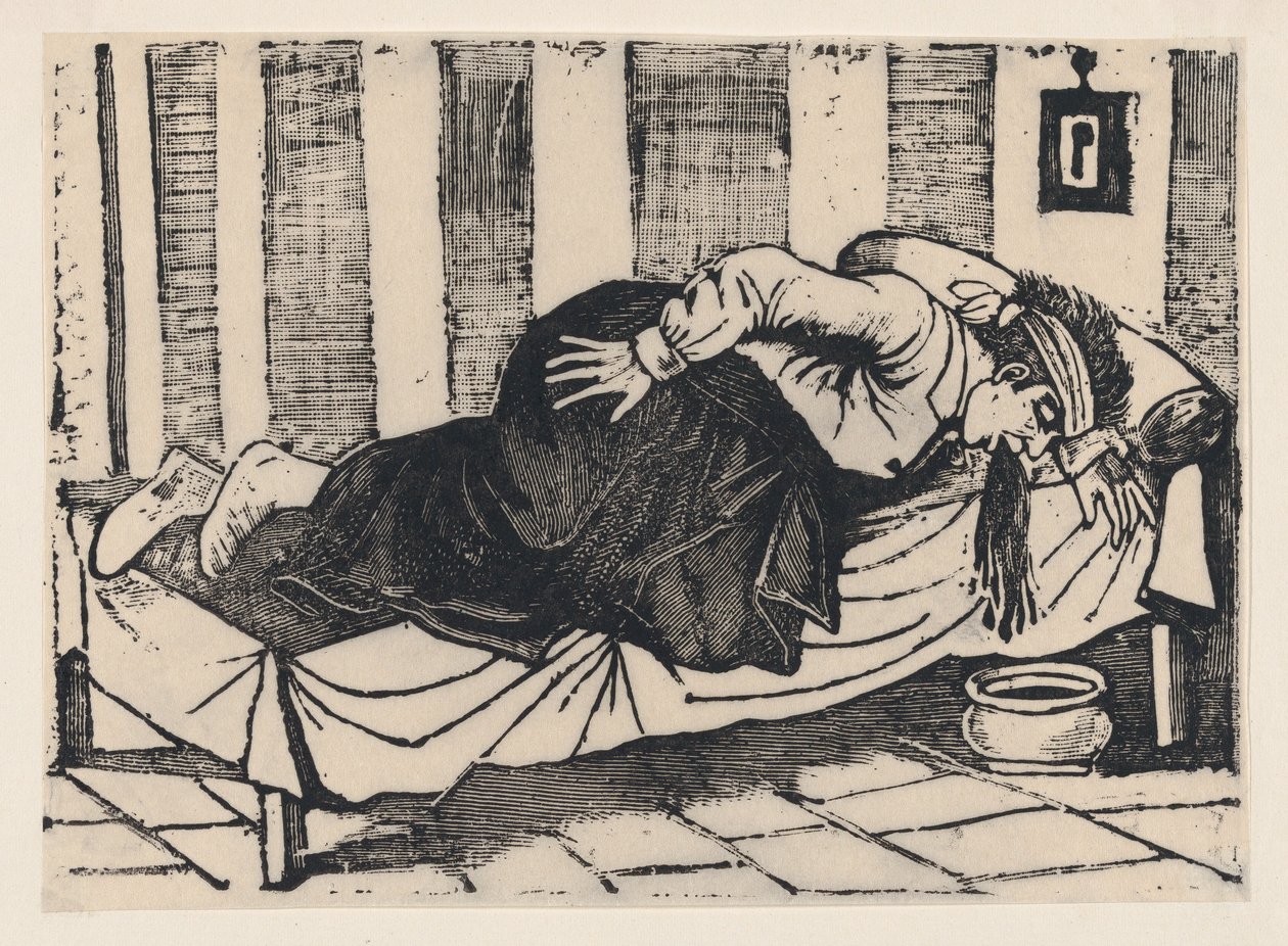 一个靠在床边呕吐的男人，来自题为《奥雷利奥之死》的大字报，1892年。 作者 何塞·瓜达卢佩·波萨达