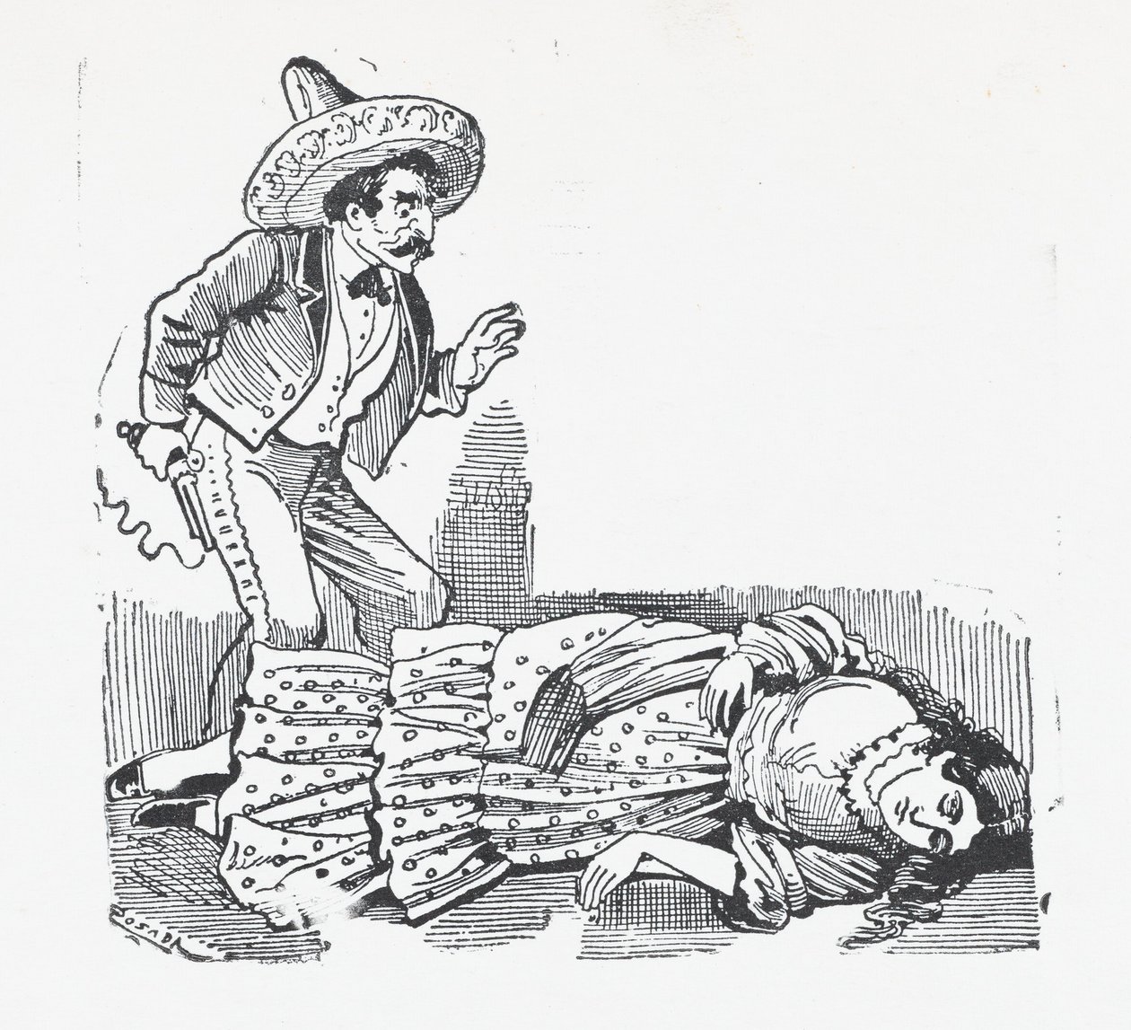 一个拿着枪的男人站在他刚刚射杀的女人身上，约1880-1910., 约1880-1910. 作者 何塞·瓜达卢佩·波萨达