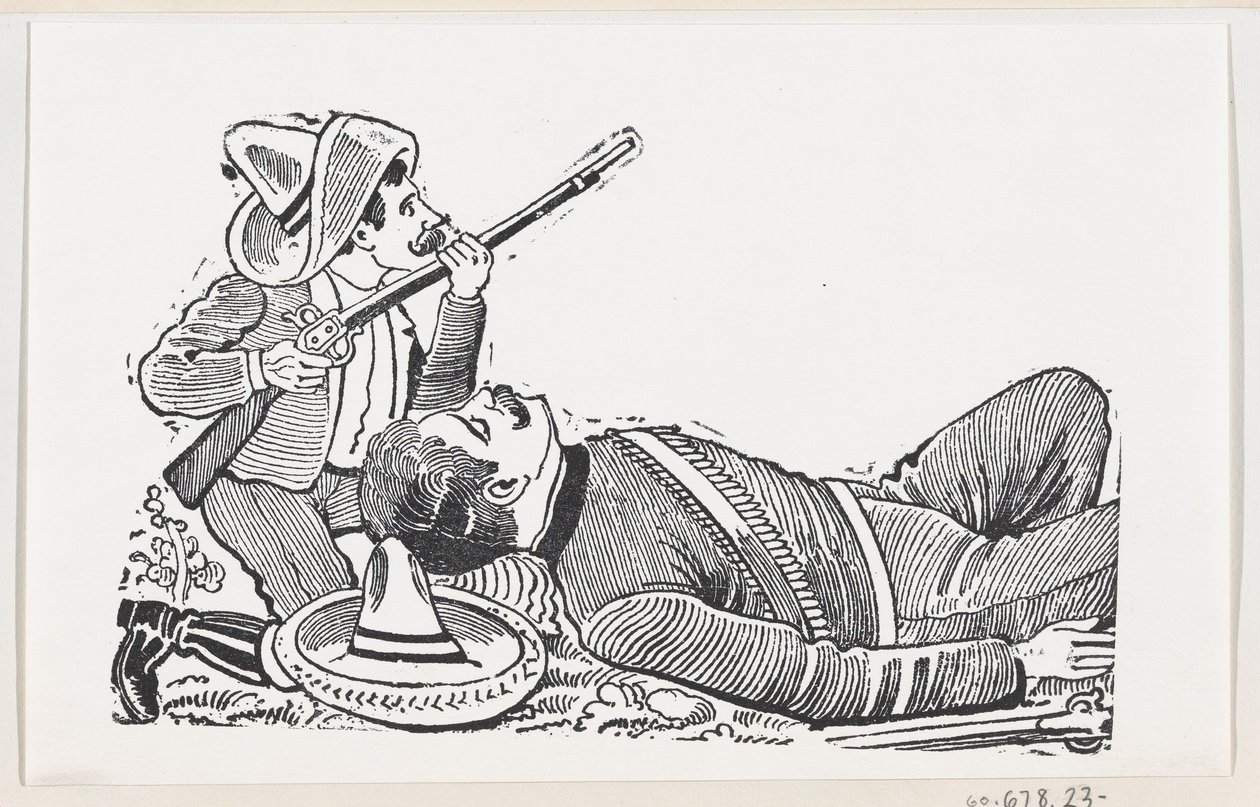 一个革命者拿着步枪，跪着保护一个倒下的革命者，约1880-1910年，约。 作者 何塞·瓜达卢佩·波萨达