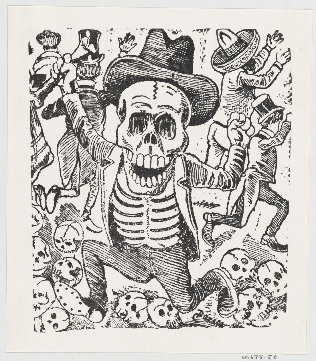 一个骷髅抱着骨头，在一堆头骨上跳跃，而人们在逃亡，大约在1907年。 作者 何塞·瓜达卢佩·波萨达
