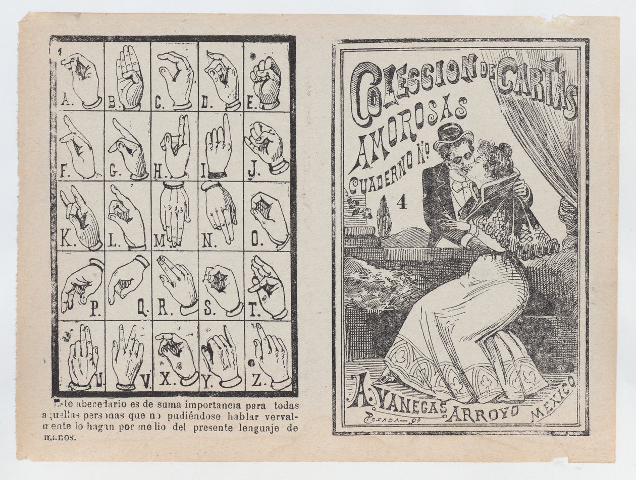 Coleccion de Cartas Amorosas Cuaderno No.4》的封面，一对夫妇在拥抱和亲吻...，约1900年。 作者 何塞·瓜达卢佩·波萨达