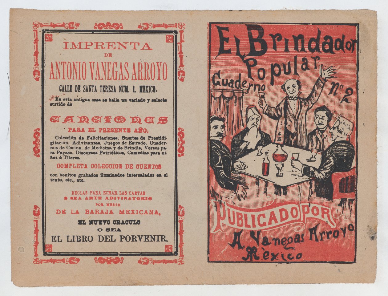 El Brindador Popular》的封面，一个男人向一群人的座位举杯......，约1880-1910年。 作者 何塞·瓜达卢佩·波萨达