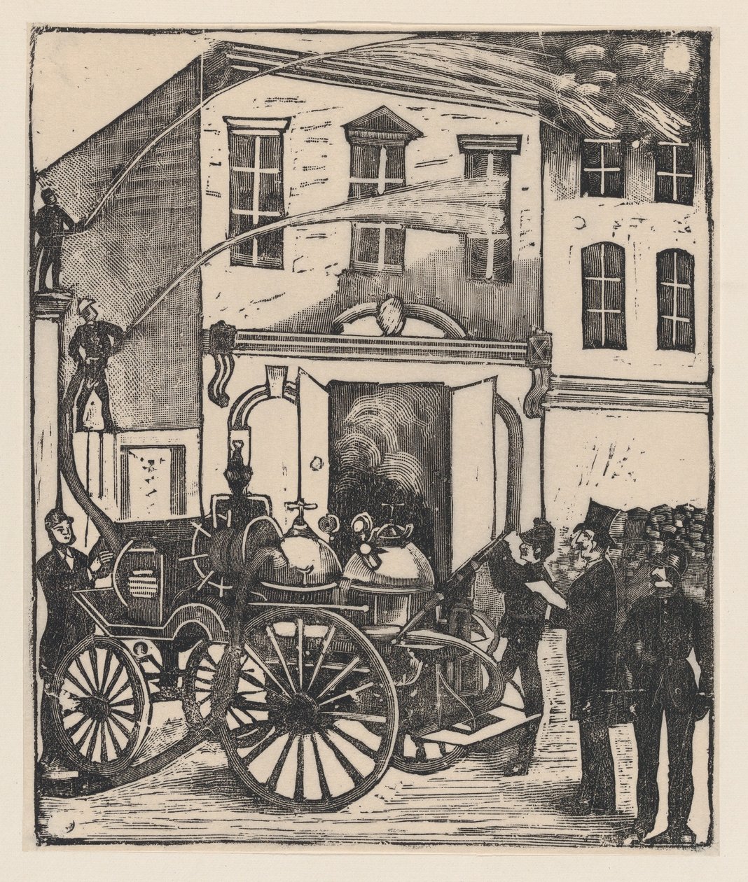 Firefighters putting out a fire in a house, firetruck in foreground, ca. 1880-1910., ca. 1880-1910. 作者 何塞·瓜达卢佩·波萨达