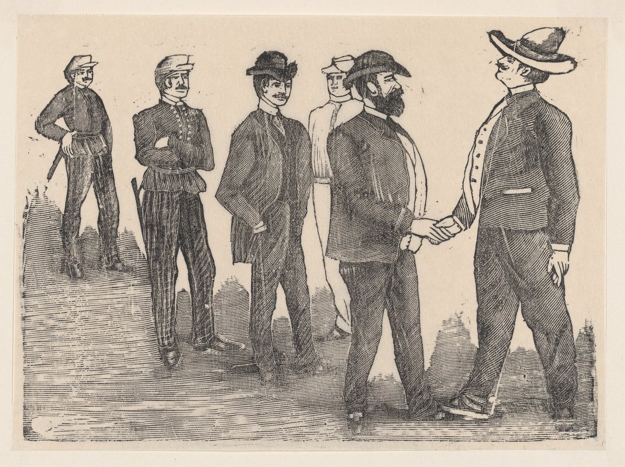 两个人在前台握手，军官在后台看着他们......，约1880-1910年。 作者 何塞·瓜达卢佩·波萨达