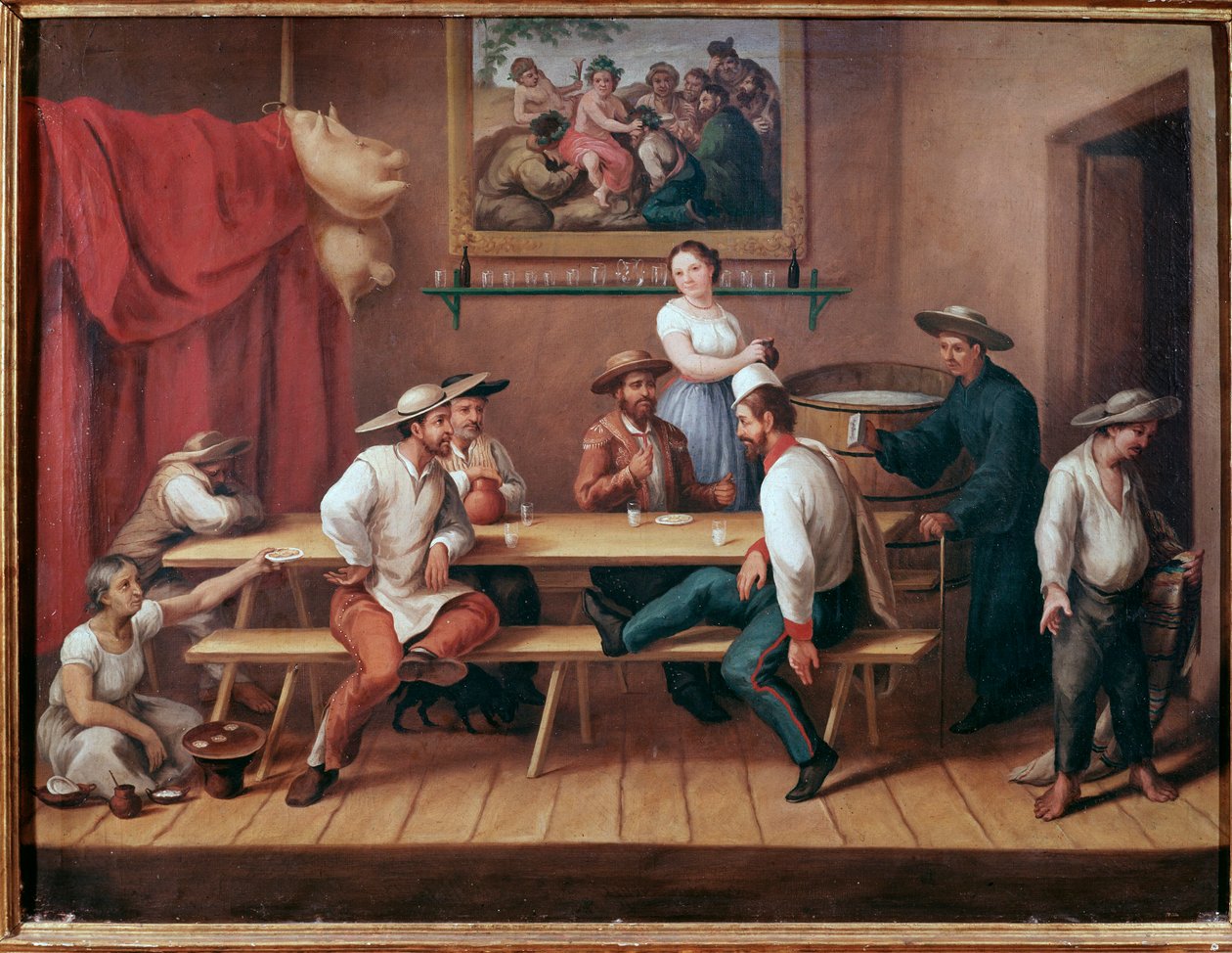 A pulqueria Taverne in South America, attable guests drink pulque (traditional Mesoamerican alcoholic beverage) (Public house with pulque drinkers) Painting by Augustin Arriete (19th century) Mexico City, historical national museum, Chateau Chapultepec 作者 何塞·奥古斯丁·阿列塔