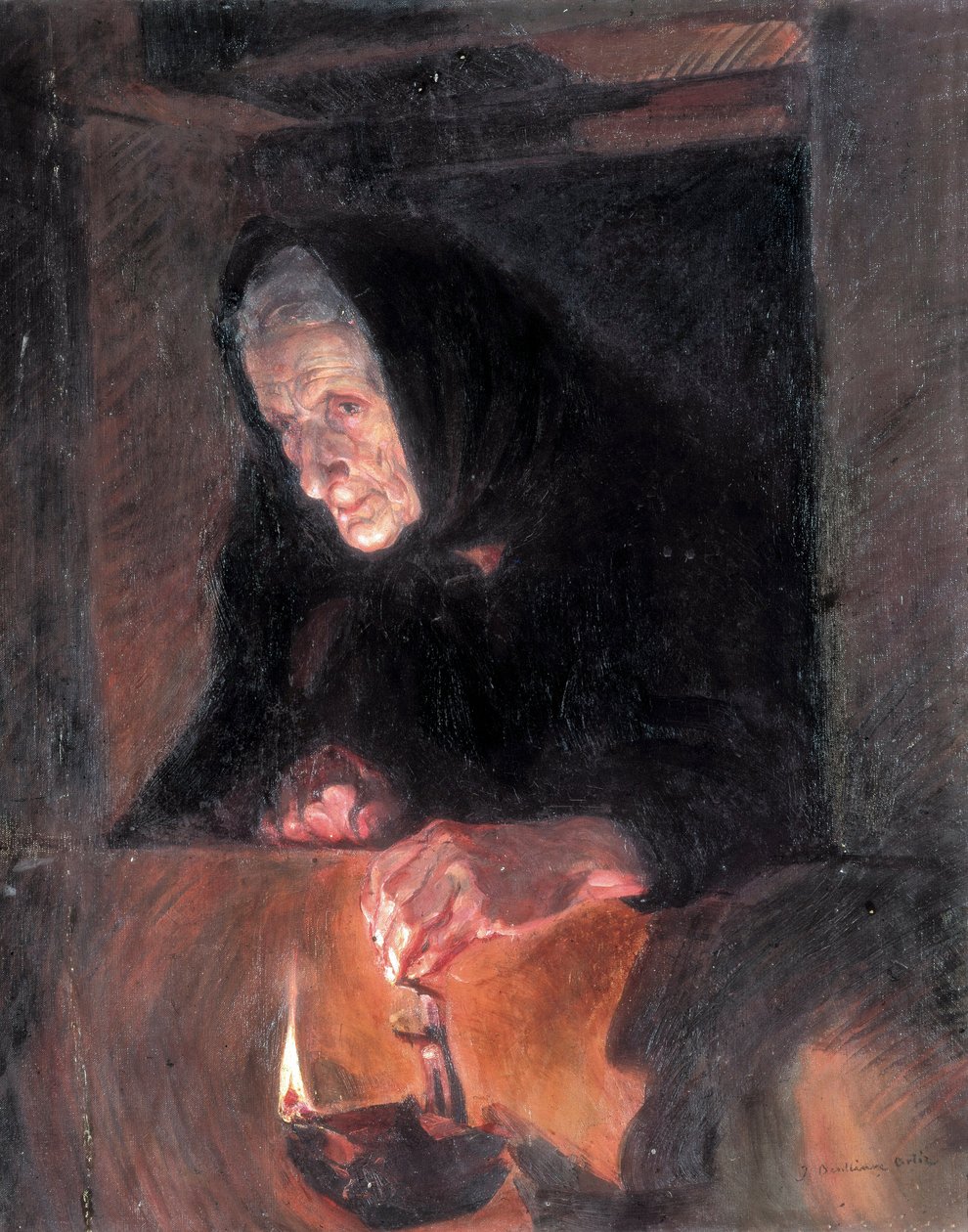 Old lady has the oil lamp. Painting by Jose BENLLIURE ORTIZ (1884-1916) Oil on canvas. Valencia. Museum of Bellas Artes San Pio V. 作者 何塞·本利乌尔·奥尔蒂斯